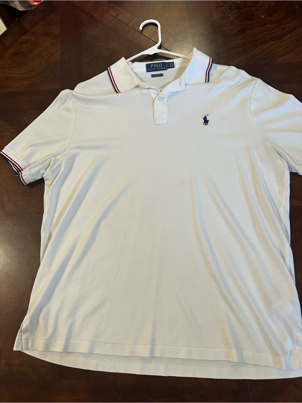 Ralph Lauren White Polo with Navy Embroidered Pony and Red-Trim Collar